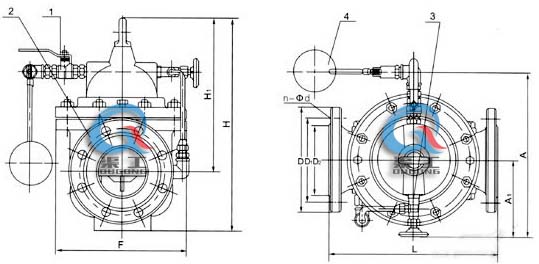 100X遙控浮球閥 外形結(jié)構(gòu)圖 (1、球閥 2、主閥 3、針閥 4、浮球閥)