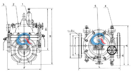 200X減壓穩(wěn)壓閥 外形結(jié)構(gòu)圖 (1、導(dǎo)閥 2、主閥 3、球閥 4、壓力表 5、針表 )